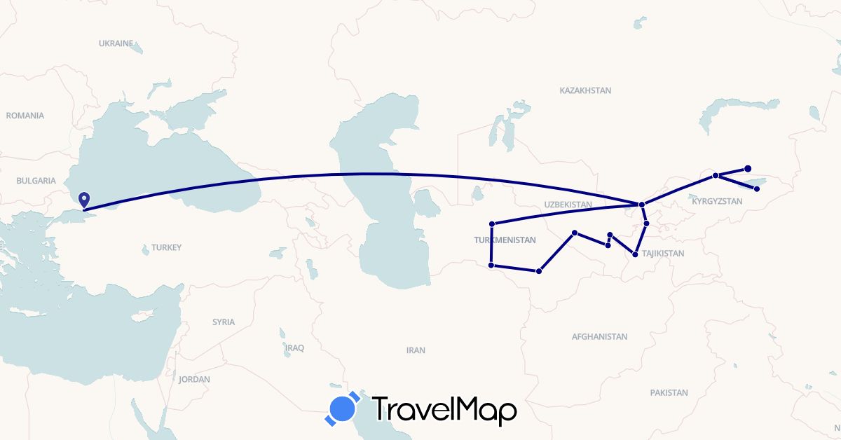 TravelMap itinerary: driving in Kyrgyzstan, Kazakhstan, Tajikistan, Turkmenistan, Turkey, Uzbekistan (Asia)
