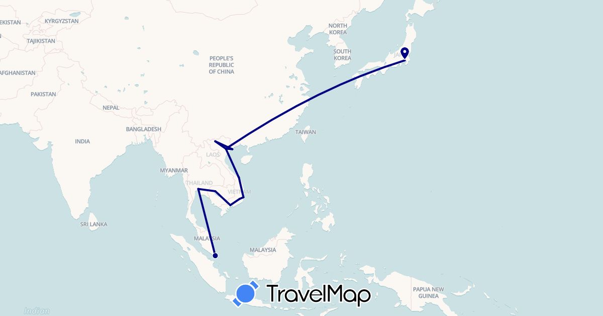TravelMap itinerary: driving in Japan, Cambodia, Singapore, Thailand, Vietnam (Asia)